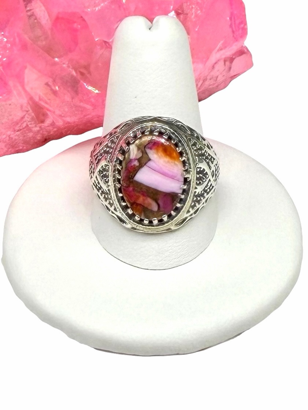 Kingman Pink Dahlia Turquoise Ring Size 10 Solid 925 Sterling Silver Oval